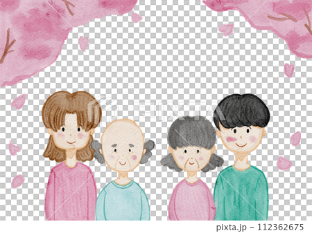 水彩畫櫻花背景的一家人框架插畫素材 水彩畫櫻花背景的一家人框架插畫素材 112362675