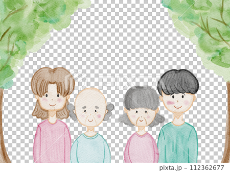 水彩畫清新綠色家庭的框架插畫素材 112362677