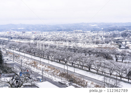 早春に降った雪と船岡城址公園から見た桜並木 宮城県柴田町 早春に降った雪と船岡城址公園から見た桜並木 宮城県柴田町 112362789