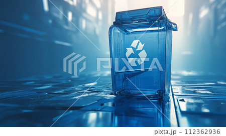 3D rendering of a blue recycle bin on a reflective surface. 3D rendering of a blue recycle bin on a reflective surface. 112362936