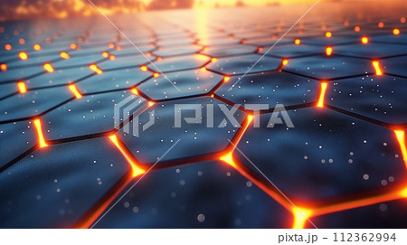 Dark space background with glowing stars in shades of orange and red 3d rendering of abstract hexagonal background with bright glowing particles. 112362994