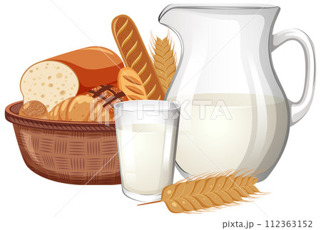 Homemade Bread and Oat Milk Illustration Homemade Bread and Oat Milk Illustration 112363152