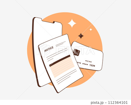Electronic invoicing, digital financial transactions and paperless billing concepts. E-invoice isolated vector illustration on white background with icons Electronic invoicing, digital financial transactions and paperless billing concepts. E-invoice isolated vector illustration on white background with icons 112364101