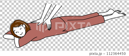 うつ伏せに寝てマッサージを受けているマッサージ着姿の可愛い女性 シンプル イラスト ベクター 112364450