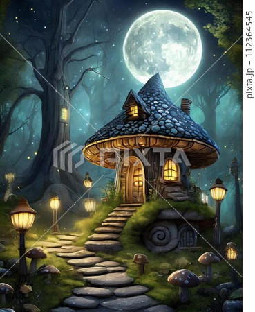 薄暗い森の中のキノコの家と満月　ai生成画像 112364545