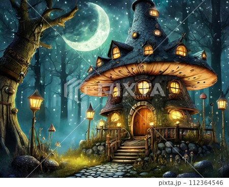 光る森の中のキノコの家と三日月 ai生成画像 光る森の中のキノコの家と三日月 ai生成画像 112364546