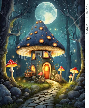 森の中の光るキノコの家と満月　ai生成画像 112364547