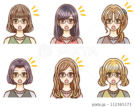 びっくりする眼鏡の大人女性の髪型イラスト素材セット 112365171