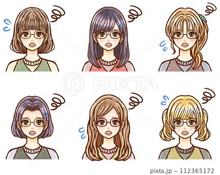 困っている眼鏡の大人女性の髪型イラスト素材セット 112365172