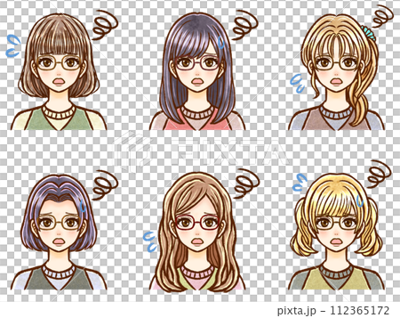 困っている眼鏡の大人女性の髪型イラスト素材セット 112365172