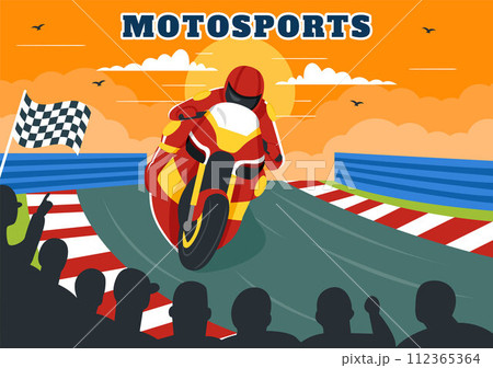 Racing Motosport Speed Bike Vector Illustration for Competition or Championship Race by Wearing Sportswear and Equipment in Flat Cartoon Background 112365364
