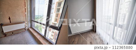 Comparison of apartment flat before and after restoration or refurbishment. Photo collage of old room with large windows and new renovated room with heating radiator, parquet floor and white walls. 112365880
