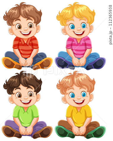 Cheerful Cartoon Boys Sitting Cheerful Cartoon Boys Sitting 112365938
