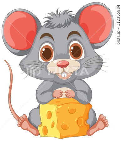 Cheerful Mouse with a Chunk of Cheese 112365984