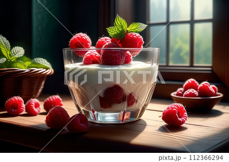 Sweet cooked homemade yogurt with fresh raspberries in a glass 112366294