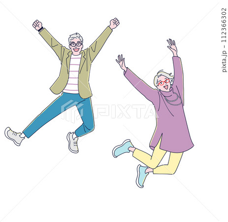 元気にジャンプする中高年の男女 元気にジャンプする中高年の男女 112366302