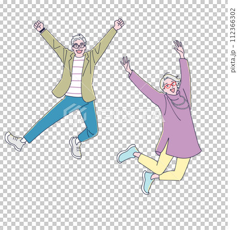 元気にジャンプする中高年の男女 元気にジャンプする中高年の男女 112366302