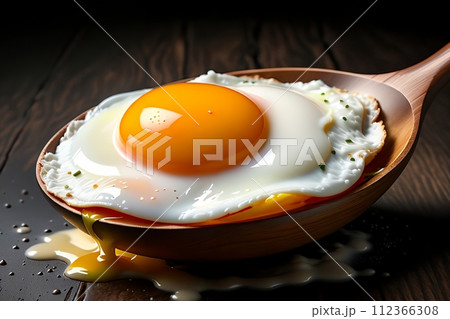 fried egg with spices in a wooden spatula. 112366308