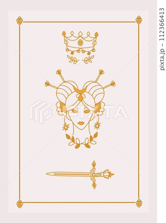 Esoteric poster Girl with magical amulets, crown and branches, golden sword on white background Boho style vector outline illustration. Esoteric poster Girl with magical amulets, crown and branches, golden sword on white background Boho style vector outline illustration. 112366413