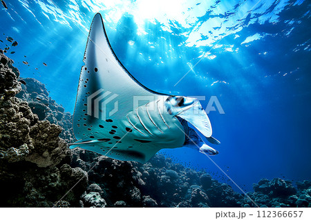 Manta ray swimming in the sea over coral reef, under water animal ocean life nature scenic 112366657