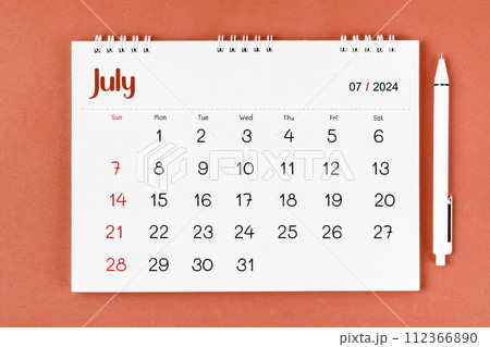 July 2024 Monthly desk calendar for 2023 year and pen 112366890