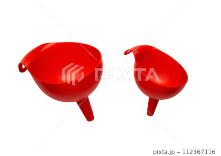 Plastic kitchen Funnel in different sizes red color isolated on white background  112367116