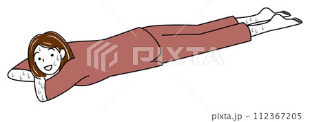 うつ伏せに寝て岩盤浴を楽しんでいる汗だくの可愛い女性 シンプル イラスト ベクター 112367205