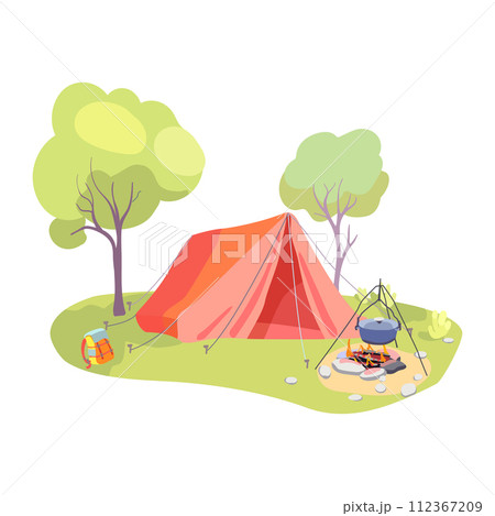 Forest touristic camp with tent, bonfire and firewood for adventure tourism and travel, bushcraft and backpacking. Campsite surrounded by trees. Vector illustration. 112367209