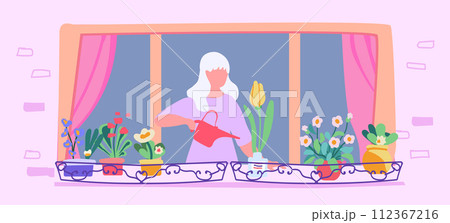Lovely young woman or gardener watering houseplants growing in planters on the windowsill. Taking care of home garden. Portrait of adorable funny girl enjoying her hobby. Flat cartoon vector Lovely young woman or gardener watering houseplants growing in planters on the windowsill. Taking care of home garden. Portrait of adorable funny girl enjoying her hobby. Flat cartoon vector 112367216