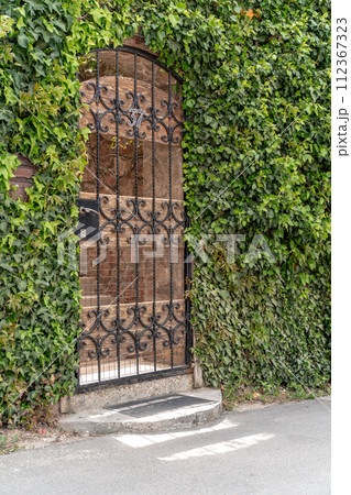 Castle gate arch with ivy. The arch of the castle gate is covered with green ivy. The entrance to the house is with iron bars and a brick wall covered with green ivy. 112367323