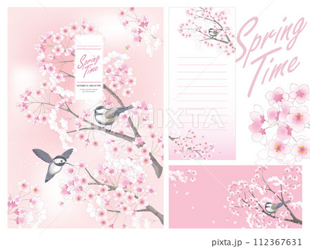 Warm spring day with birds perched on blossoming cherry tree branch in a vector illustration template set. Warm spring day with birds perched on blossoming cherry tree branch in a vector illustration template set. 112367631