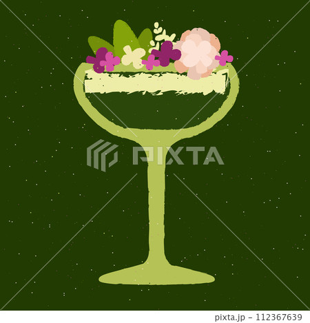 Green cocktail with flowers, leaves and cream. Fresh in margarita glass. Smoothie 112367639