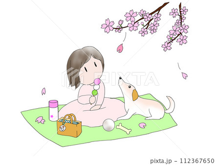 お花見をする女の子と犬のイラスト お花見をする女の子と犬のイラスト 112367650