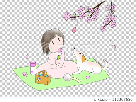 お花見をする女の子と犬のイラスト お花見をする女の子と犬のイラスト 112367650