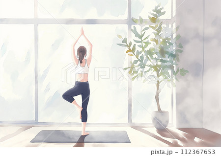 ヨガ・木のポーズをする女性 112367653