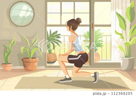 屋内で下半身トレーニングをする若い女性 112368205