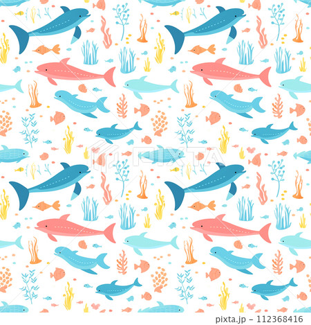 baby fish, shark, dolphin, swimming underwater with coral reef. Seamless vector pattern - funny sea animals, seashells, plants drawn in doodle style for kids clothing, wrapping paper baby fish, shark, dolphin, swimming underwater with coral reef. Seamless vector pattern - funny sea animals, seashells, plants drawn in doodle style for kids clothing, wrapping paper 112368416