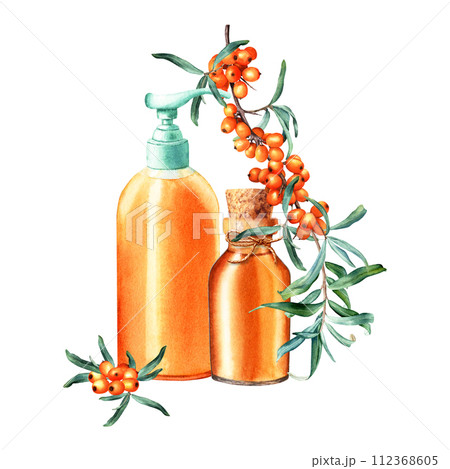 Composition with sea buckthorn, glass oil bottle and dish or hand soap dispenser for kitchen or bathroom. Hand drawn watercolor illustration isolated on white background. For clip art label package 112368605