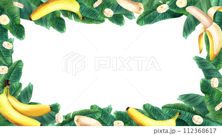Watercolor rectangular frame with banana tree leaves and fruits. Hand drawn botanical illustration isolated on white background. For clip art cards invitation label package 112368617