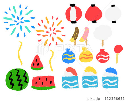子どもがクレヨンで描いたような手書き風の可愛い夏祭りのセット