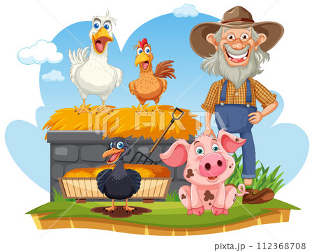 Happy Farm Animals with Friendly Farmer Happy Farm Animals with Friendly Farmer 112368708