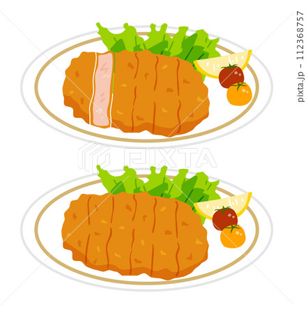 皿に乗ったとんかつのイラストセット。 皿に乗ったとんかつのイラストセット。 112368757
