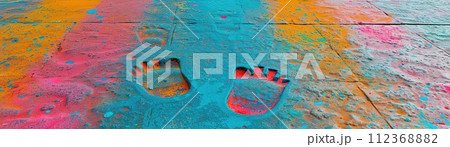 A path marked by colorful footprints invites attendees to a Holi celebration, symbolizing a journey of joy and anticipation 112368882