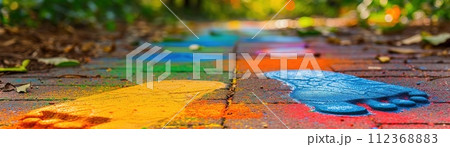 A path marked by colorful footprints invites attendees to a Holi celebration, symbolizing a journey of joy and anticipation A path marked by colorful footprints invites attendees to a Holi celebration, symbolizing a journey of joy and anticipation 112368883