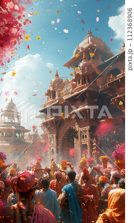 The sacred celebration of Holi at a temple, where devotees engage in the throwing of colors and flowers, highlighting spiritual joy and architectural elegance 112368906