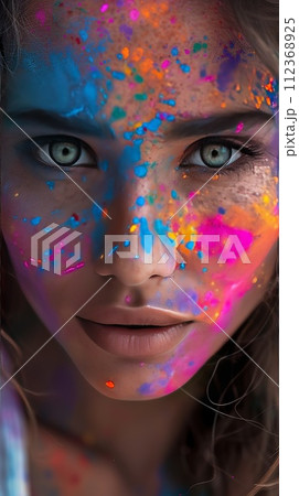 A woman's face, beautifully adorned with Holi colors, offers a deep cultural narrative through her expressive gaze 112368925