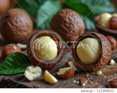 macadamia nuts on wooden background 112369622