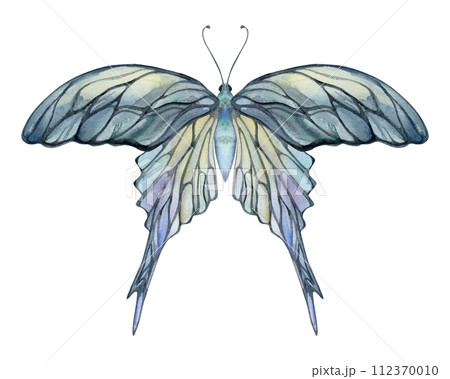 Hand drawn watercolor illustration butterfly fairy wings gem crystal insect moth. Opal moonstone pearl labradorite. Set of objects isolated on white background. Design print, shop, wedding, birthday 112370010