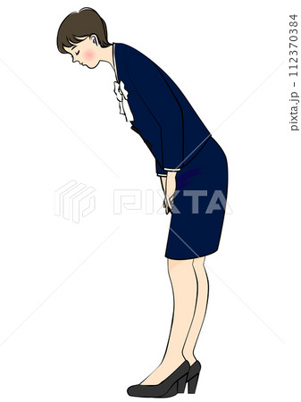 お辞儀するビジネスウーマン女性 日本人女性の全身横向きのイラスト お辞儀するビジネスウーマン女性 日本人女性の全身横向きのイラスト 112370384