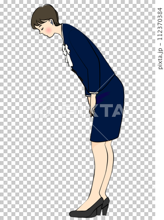 お辞儀するビジネスウーマン女性 日本人女性の全身横向きのイラスト お辞儀するビジネスウーマン女性 日本人女性の全身横向きのイラスト 112370384